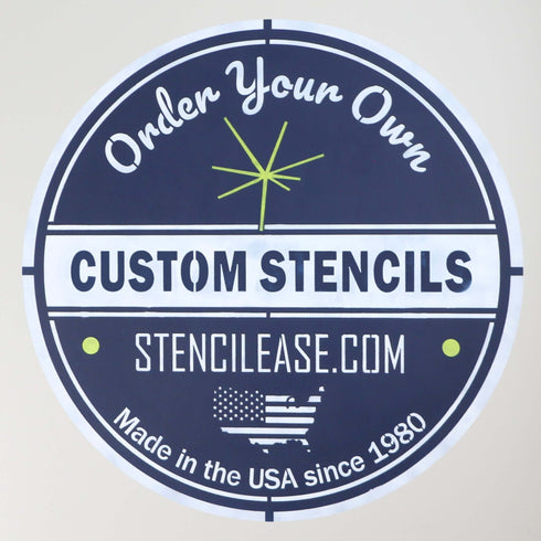 Custom stencils promotional sign with company logo and website, highlighting order options.